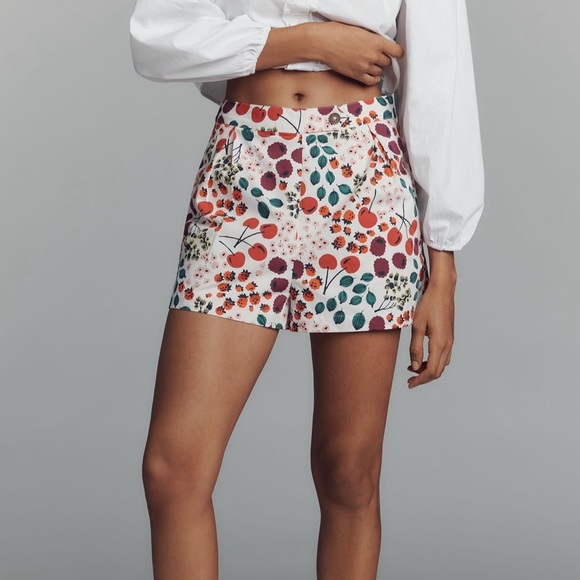 Maeve by Anthropologie Pleated Poplin Shorts in Red Pattern 2 NWT - Picture 2 of 6